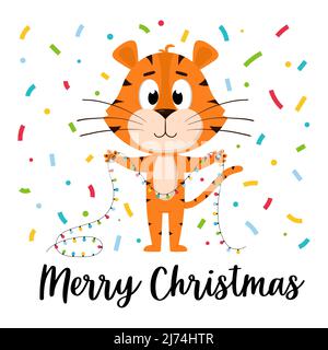 Una tigre carina cartoon tiene una ghirlanda nelle sue zampe. Circondato da streamers colorati e confetti. Una carta di Natale con un carattere adorabile. Colore Vec Illustrazione Vettoriale