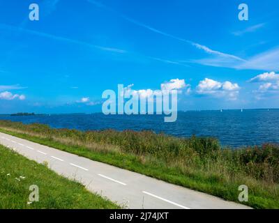 Percorso ciclabile o sentiero a piedi con erba verde sulla diga con cielo blu. Proprio nel mezzo della natura. Ijsselmeer, Paesi Bassi Foto Stock