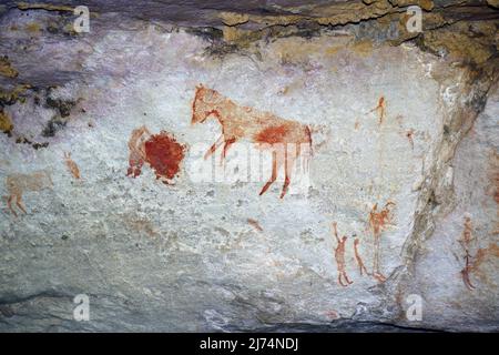 Antichi dipinti rupestri del San, nativi del Sud Africa, Sevilla Rock Art Trail, Cederberge vicino Clanwilliam e Wuppertal, Sud Africa, occidentale Foto Stock