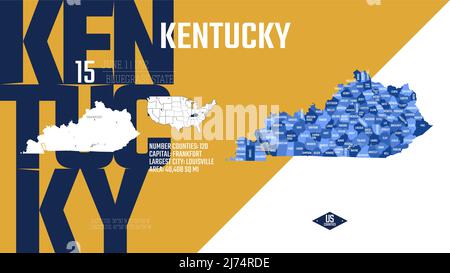 15 di 50 stati degli Stati Uniti, divisi in contee con i nicknames di territorio, mappa dettagliata del vettore Kentucky con il nome Illustrazione Vettoriale