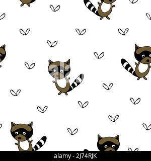 Motivo vettoriale senza cuciture con raccoon su sfondo bianco. Carta da parati per bambini. Baby raccoon stile cartone animato. Illustrazione Vettoriale