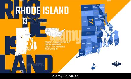 13 dei 50 stati Uniti, suddivisi in contee con soprannomi di territorio, mappa dettagliata di Rhode Island con nome e data ammessi a. Illustrazione Vettoriale