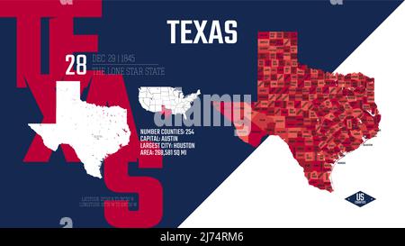 28 di 50 stati degli Stati Uniti, divisi in contee con soprannomi di territorio, vettore dettagliato Texas Map con nome e data ammessi all'uni Illustrazione Vettoriale