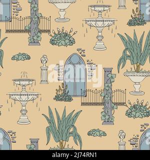 Modello vettoriale senza cuciture con serra in stile vittoriano su sfondo giallo. Romantico giardino vintage carta da parati design. Illustrazione Vettoriale