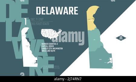 1 dei 50 stati Uniti, suddivisi in contee con soprannomi di territorio, vettore dettagliato carta Delaware con nome e data ammessi alla U Illustrazione Vettoriale