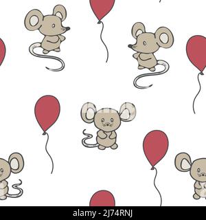 Pattern vettoriale senza giunture con palloncini rosa e mouse su sfondo bianco. Cartoon mouse wallpaper design per bambini. Illustrazione Vettoriale