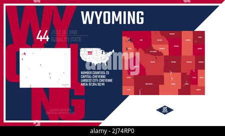 44 dei 50 stati Uniti, suddivisi in contee con soprannomi di territorio, mappa dettagliata del Wyoming vettoriale con nome e data ammessi alla U. Illustrazione Vettoriale