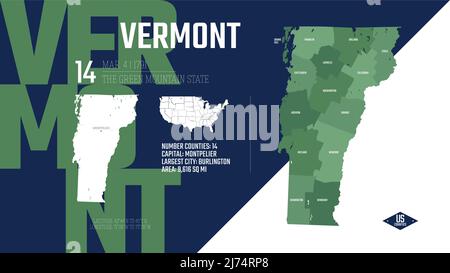 14 di 50 stati Uniti, divisi in contee con soprannomi di territorio, vettore dettagliato Vermont Map con nome e data ammessi alla U Illustrazione Vettoriale