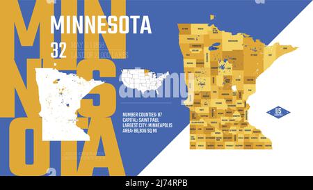 32 di 50 stati degli Stati Uniti, divisi in contee con i soprannomi di territorio, mappa dettagliata del vettore Minnesota con nome e data ammessi al Illustrazione Vettoriale