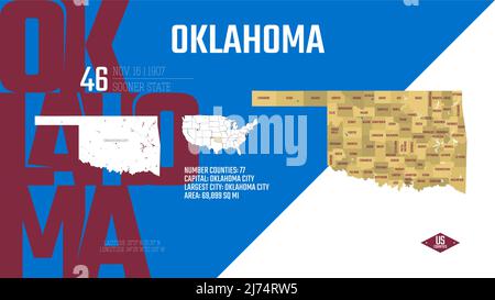 46 di 50 stati degli Stati Uniti, divisi in contee con nickname di territorio, vettore dettagliato Oklahoma Map con nome e data ammessi al Illustrazione Vettoriale