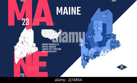 23 dei 50 stati Uniti, suddivisi in contee con soprannomi di territorio, mappa dettagliata del vettore Maine con nome e data ammessi all'uni Illustrazione Vettoriale