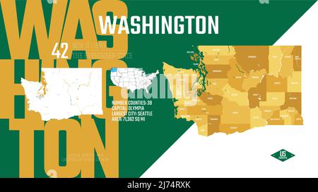 42 dei 50 stati Uniti, suddivisi in contee con soprannomi di territorio, mappa dettagliata del vettore Washington con nome e data ammessi al Th Illustrazione Vettoriale