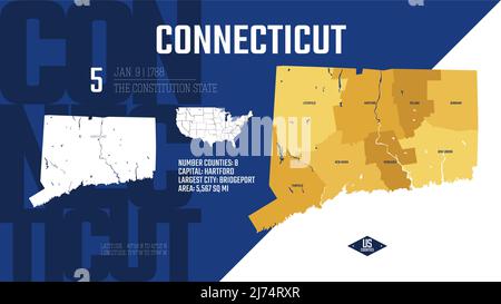 5 dei 50 stati Uniti, suddivisi in contee con soprannomi di territorio, vettore dettagliato Connecticut Map con nome e data ammessi al Th Illustrazione Vettoriale