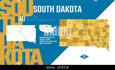 40 di 50 stati Uniti, suddivisi in contee con soprannomi di territorio, vettore dettagliato South Dakota Mappa con nome e data ammessi a. Illustrazione Vettoriale