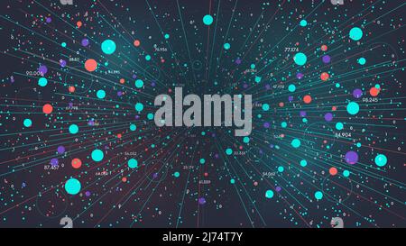 Metodo futuristico di analisi e ordinamento di grandi database, visualizzazione del flusso di informazioni digitali, analisi tecnologica dello streaming mondiale Illustrazione Vettoriale