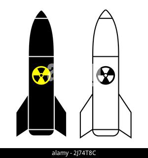 Immagine vettoriale piatta della bomba atomica nera, isolata su sfondo bianco. Silhouette di arma nucleare e set di disegno di contorni. Illustrazione Vettoriale