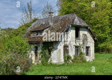 Trofostation, Stromversorgung, Lost Place, Infrastruktur, verlassen, Aufgelassen, Trafohäuschen, Isolator, Draht, Leitung, Stromleitung, stillgelegt, Foto Stock