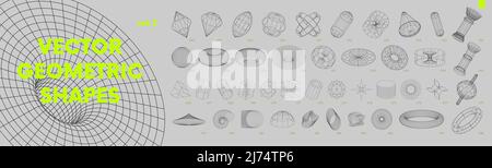 Raccolta di strani vettori a reticolo 3D forme geometriche, distorsione e trasformazione di figura, insieme di diversi lineari Illustrazione Vettoriale
