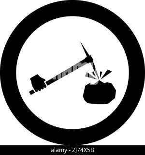 Pickaxe minerario batte pietre volare Holding in mano icona in cerchio rotondo nero colore vettore immagine immagine contorno solido stile semplice Illustrazione Vettoriale