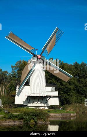 Storico mulino a vento olandese tradizionale in estate. Arnhem, Provinz Gelderland, il Nederlands. Turismo e vacanze concetto. Foto Stock