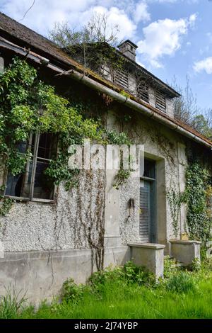 Trofostation, Stromversorgung, Lost Place, Infrastruktur, verlassen, Aufgelassen, Trafohäuschen, Isolator, Draht, Leitung, Stromleitung, stillgelegt, Foto Stock