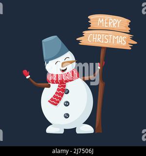 Un carino pupazzo di neve con un secchio sulla testa tiene un cartello di legno con le parole Buon Natale. Un personaggio cartoon di Natale in stile piatto è isolato Illustrazione Vettoriale