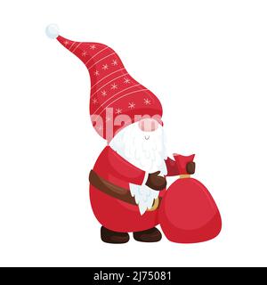 Uno gnomo di Natale in berretto rosso con fiocchi di neve e mitrens e con una borsa di regali. Il simpatico personaggio dei cartoni animati di Capodanno isolato su sfondo bianco. Illustrazione Vettoriale