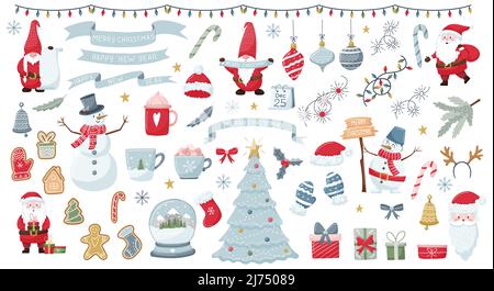 Collezione di elementi di design per decorazioni natalizie. Carino cartoon gnomes, Santa, snowman e attributi di Natale. Set di personaggi di Natale e e. Illustrazione Vettoriale