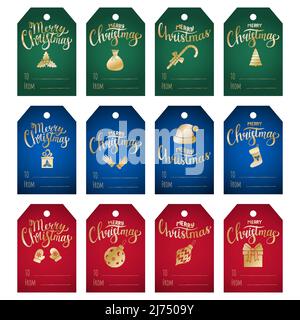 Un set di etichette regalo per regali di Natale. Silhouette dorate e sfumate di elementi natalizi e lettere a mano Buon Natale. Illustrazione vettoriale su r Illustrazione Vettoriale