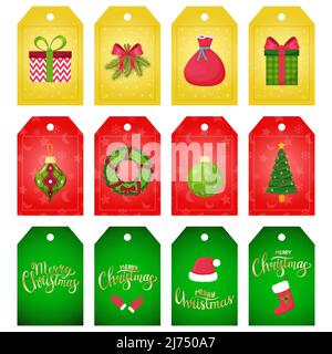 Un set di etichette regalo per regali di Natale. Etichette con elementi di Capodanno - albero di Natale, corona, confezione regalo. Lettere a mano Buon Natale. Vettore illus Illustrazione Vettoriale