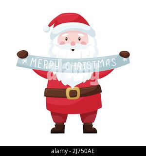 Un carino cartoon Natale Santa in un vestito rosso e cappello tiene un nastro con le parole Merry Natale nelle sue mani. Babbo Natale sorride. Carattere adorabile Illustrazione Vettoriale