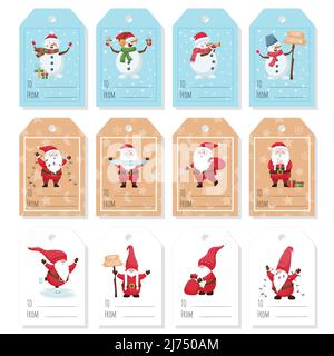 Un set di tag regalo, etichette con simpatici personaggi di Natale - Babbo Natale, uomo di neve, nana su sfondo blu e beige. Modello stampabile con vettore colore Illustrazione Vettoriale