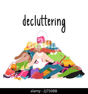 Un mucchio di vestiti e scarpe che giacciono sul pavimento. Blusa, cappello, jeans, borsa. Disordine, mucchio di cose, decluttering, overconsumption. Illustrazione del vettore colore Illustrazione Vettoriale