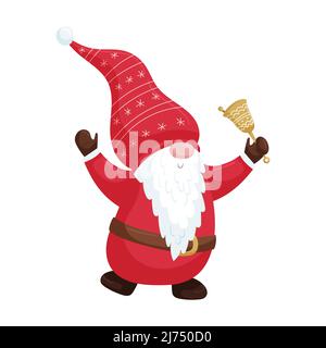 Uno gnomo di Natale con una barba in un cappuccio rosso tiene una campana nelle sue mani. Il simpatico personaggio dei cartoni animati di Capodanno isolato su sfondo bianco. Vettore colore Illustrazione Vettoriale