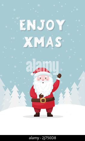 Una scheda di Natale con un Santa ondeggiante sullo sfondo di un paesaggio forestale invernale. Lettere a mano - Godetevi le feste natalizie. Carino personaggio cartoon piatto. Colore v Illustrazione Vettoriale