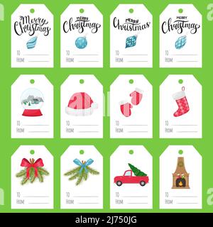 Set di etichette per regali di Natale. Tag con elementi di Capodanno - mittens, cappello di Santa, camion con albero di Natale, camino e lettere a mano Merry Chr Illustrazione Vettoriale