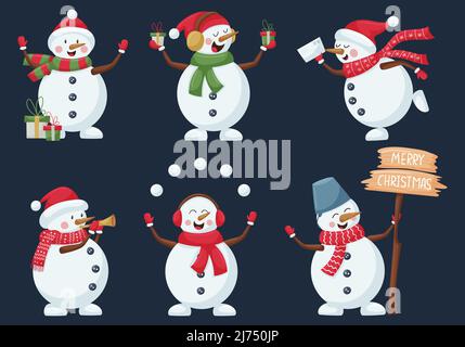 Collezione di pupazzi di Natale. Carino personaggi cartoon giocolare palle di neve, soffiare una pipa, dare regali, congratulandosi con Buon Natale. Isolato su Illustrazione Vettoriale