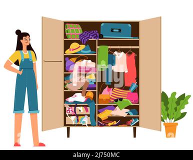 Una ragazza in tute e un armadio da cui i vestiti cadono fuori. Un disordine, un guardaroba stipato. Immagine vettoriale a colori di isolato su sfondo bianco Illustrazione Vettoriale