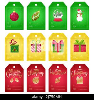 Un set di etichette regalo per regali di Natale. Tag con elementi di Capodanno - neve globo, pupazzo di neve, scatole regalo e Golden mano lettere Buon Natale. VEC Illustrazione Vettoriale