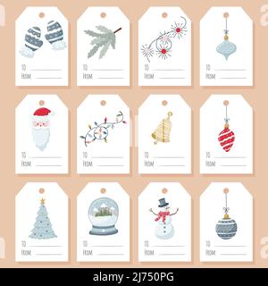 Un set di etichette regalo, etichette con attributi di Natale ed elementi su sfondo bianco. Modello stampabile con illustrazioni cartoni animati piatte e il WO Illustrazione Vettoriale