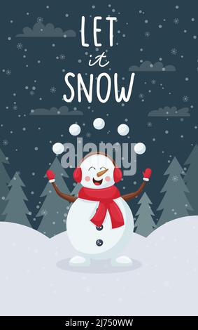 Biglietto di auguri invernale verticale. Carino cartone animato uomo di neve giugola le palle di neve in una foresta innevata. Iscrizione manoscritta. Illustrazione vettoriale a colori con un piatto Illustrazione Vettoriale