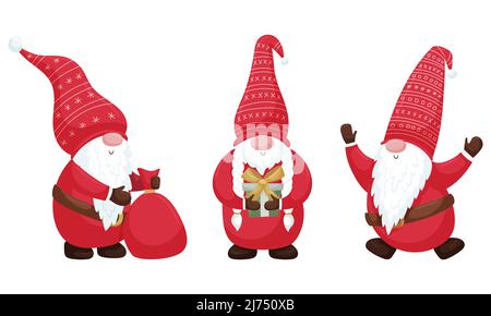 Una serie di gnomes di Natale in un vestito rosso e un cappello. Tenere un regalo, una borsa di regali, saltare per la gioia. Una collezione di simpatici personaggi di Natale dei cartoni animati Illustrazione Vettoriale