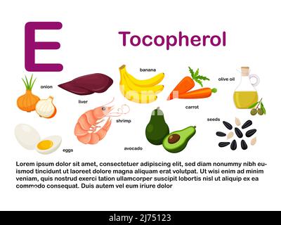 Poster rettangolare con prodotti alimentari contenenti vitamina E. tocoferolo. Medicina, dieta, alimentazione sana, infografica. Prodotti con cartoon name.Flat Illustrazione Vettoriale