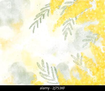 Mimosa fiorisce il 8 marzo in Italia in giornata di madre. Cartolina con acquerelli mimosa. Simbolo delle donne in Europa. Spazio di copia Foto Stock