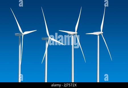 Turbine eoliche ad asse orizzontale a tre pale in fila isolate su sfondo blu Foto Stock