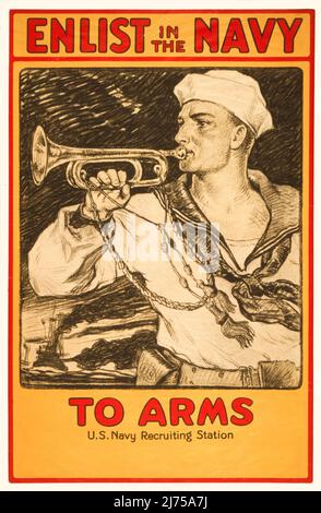 Un poster americano di reclutamento dei primi 20th anni della prima guerra mondiale, 1914-1918, che mostra un marinaio che soffia un contrabbando. L'artista è Milton Herbert Bancroft (1867 - 1947) Foto Stock