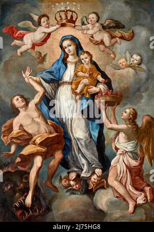 Madonna col Bambino con angeli e anime purganti detta Beata Vergine del lume - olio su tela - pitore emiliano del XVIII secolo - Melara (Ro) ,Itali Foto Stock