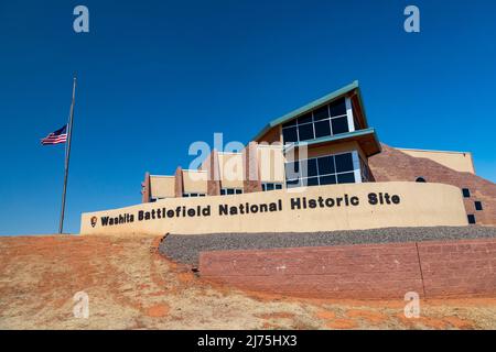 Cheyenne, Oklahoma - il centro visitatori del Washita Battlefield National Historic Site. Nel 1868, l'esercito degli Stati Uniti sotto il L. col. George A. Custer attaccò Foto Stock