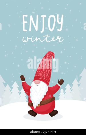 Biglietto d'auguri natalizio con un sorridente gnomo danzante in un cappello rosso. Foresta invernale, paesaggio innevato. Lancetta per lettere - Felice Anno Nuovo. Fla carina Illustrazione Vettoriale