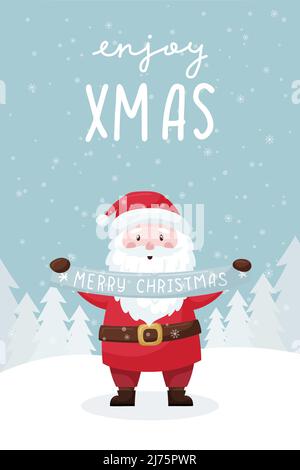 Una scheda di Natale con un Santa sorridente che tiene un nastro con le parole Buon Natale. Inverno foresta, nevicate. Lettere a mano - Godetevi le feste natalizie. Carino fl Illustrazione Vettoriale